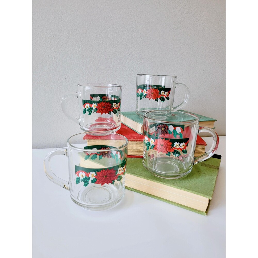 Vintage Christmas Poinsettia  Glass Coffee Mugs Tea Cups MCM Set of 4